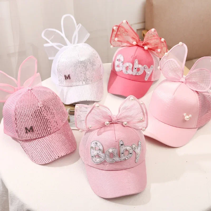 2-8Yrs Old Children Big Bow Cartoon Baseball Cap Girls Pearl Snapback Sun Protection Caps Mesh Rabbit Ear KidsTrucker Sun Hat