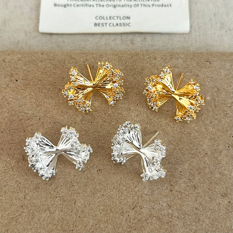 

PONYKISS 925 Sterling Silver 18K Gold Zircon Folded Bowknot Stud Earrings for Women Shining Fine Jewelry Vintage Accessories