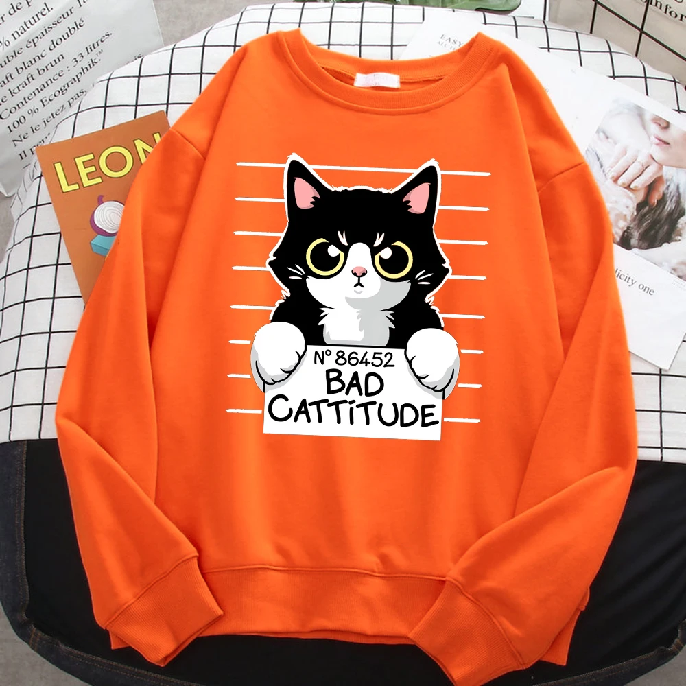 Autumn Winter Womens Pullover No86452 Bad Cattitude Funny Cat Print Hoodie Fleece All-Math Sweatshirts Warm Crewneck Ladies Tops