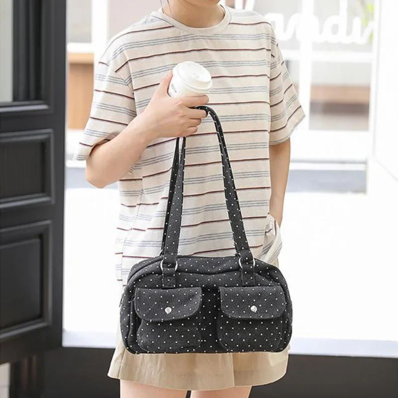 Schultertasche mit mehreren Taschen und Sternenmuster, gepunktet, für Damen, Canvas-Tragetasche, koreanische süße, niedliche, lässige Handtasche für Pendler und Reisen – Detail 11