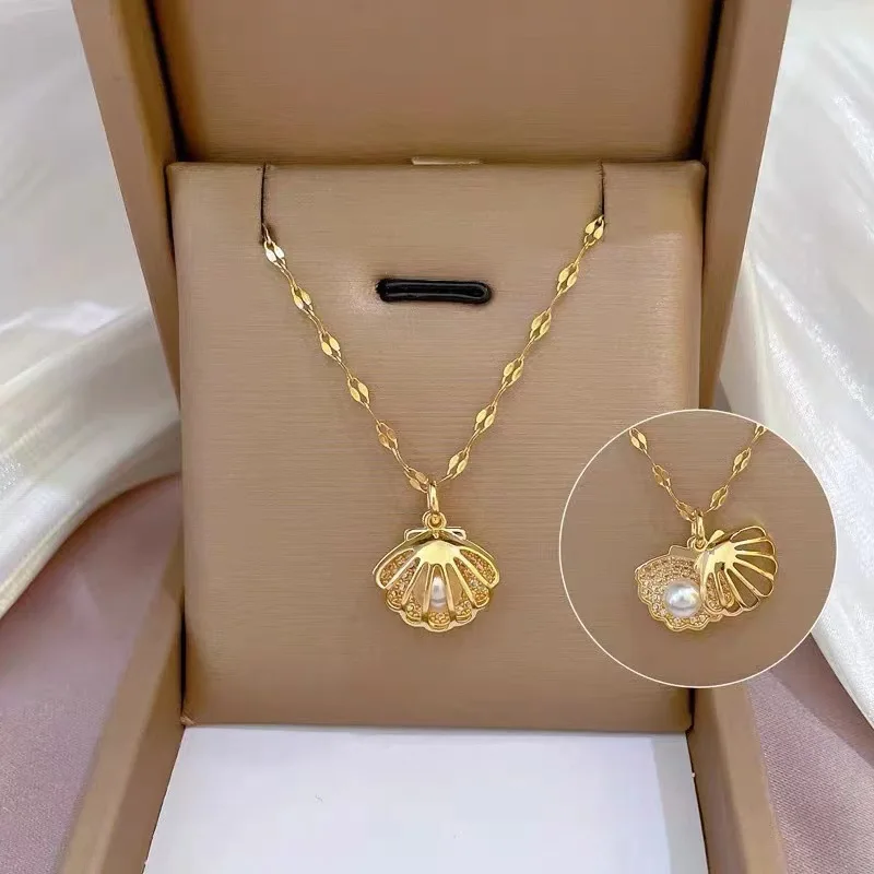 

Vintage Gold Color Hollow Out Shells Pearl Pendant Necklace for Women New Trend Girls Clavicle Chain Paty Jewelry Birthday Gift