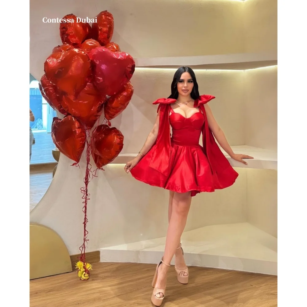 

Sansa Dubai Red Bow Spaghetti Strap Prom Dresses Princess Customized جديد في الفساتين Knee-Length Sleeveless robes de soirée