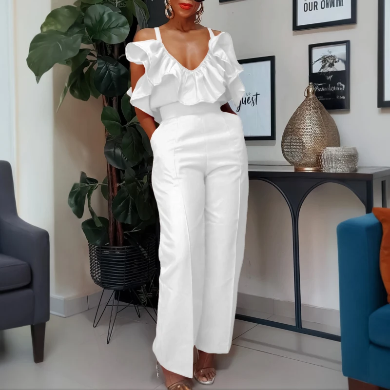 African Fashion Pants Set Women Summer Two Piece Set Solid Spaghetti Strip Ruffles Hollow Out Back Tops and Pant Matching Sets