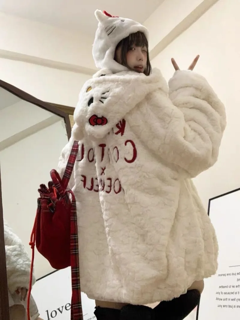 Hello Kitty-Manteau brodé en poils d'agneau pour femme, veste en peluche, vêtements d'hiver, mode coréenne, doux et mignon, Y2K, nouveau, 2024