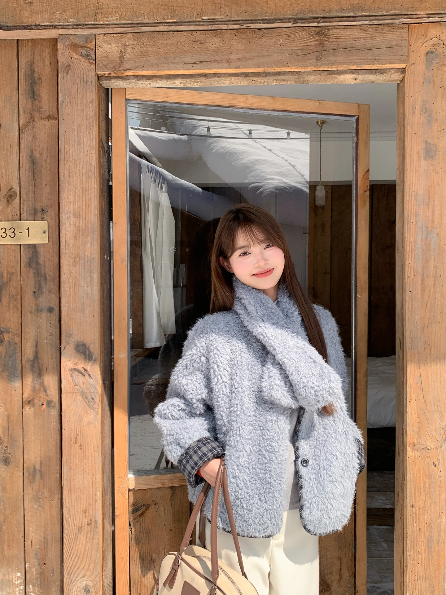 

Korean Sle ort Lamb Fur Jaet Women's Winter Coat Loose Slimming Outerwear Warm round Ne Long Sve Color