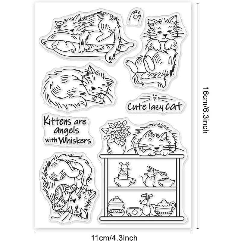 1PC Sleeping Cat Pattern Clear Stamp, Vase Lazy Cat and Greedy Mouse PVC Transparent Stamp for Card Making DIY Scrapbooking