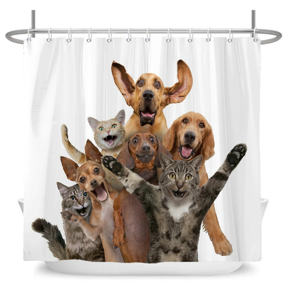 Cute Cat Dog Animal Waterproof Polyester Shower Curtain with Hooks For Bathtub Bathroom Screens Home Decor Large Size Wall Cloth