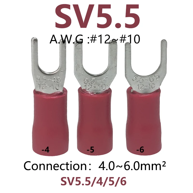 30PCS SV5.5-4/SV5.5-5/SV5.5-6 Insulated Cable Lug Crimping Terminal For Wire 4.0-6.0mm² AWG12-10 Brass Connector Electrical Lug