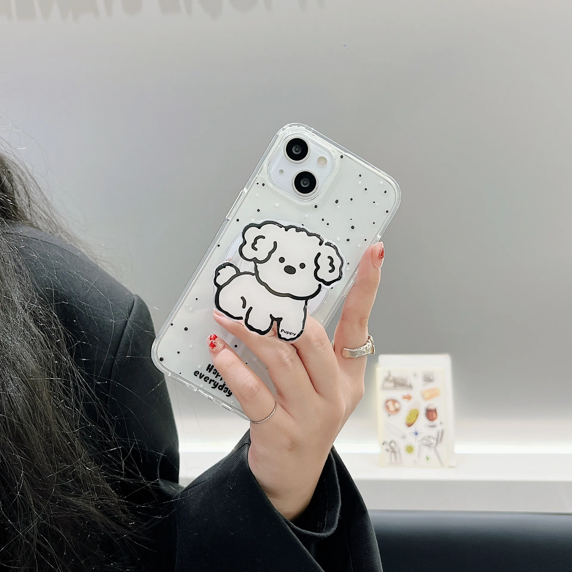 Magnetic drawing black and white dot splatter ink phone case with small dog holder For iPhone 11 12 13 14 15 16 pro max