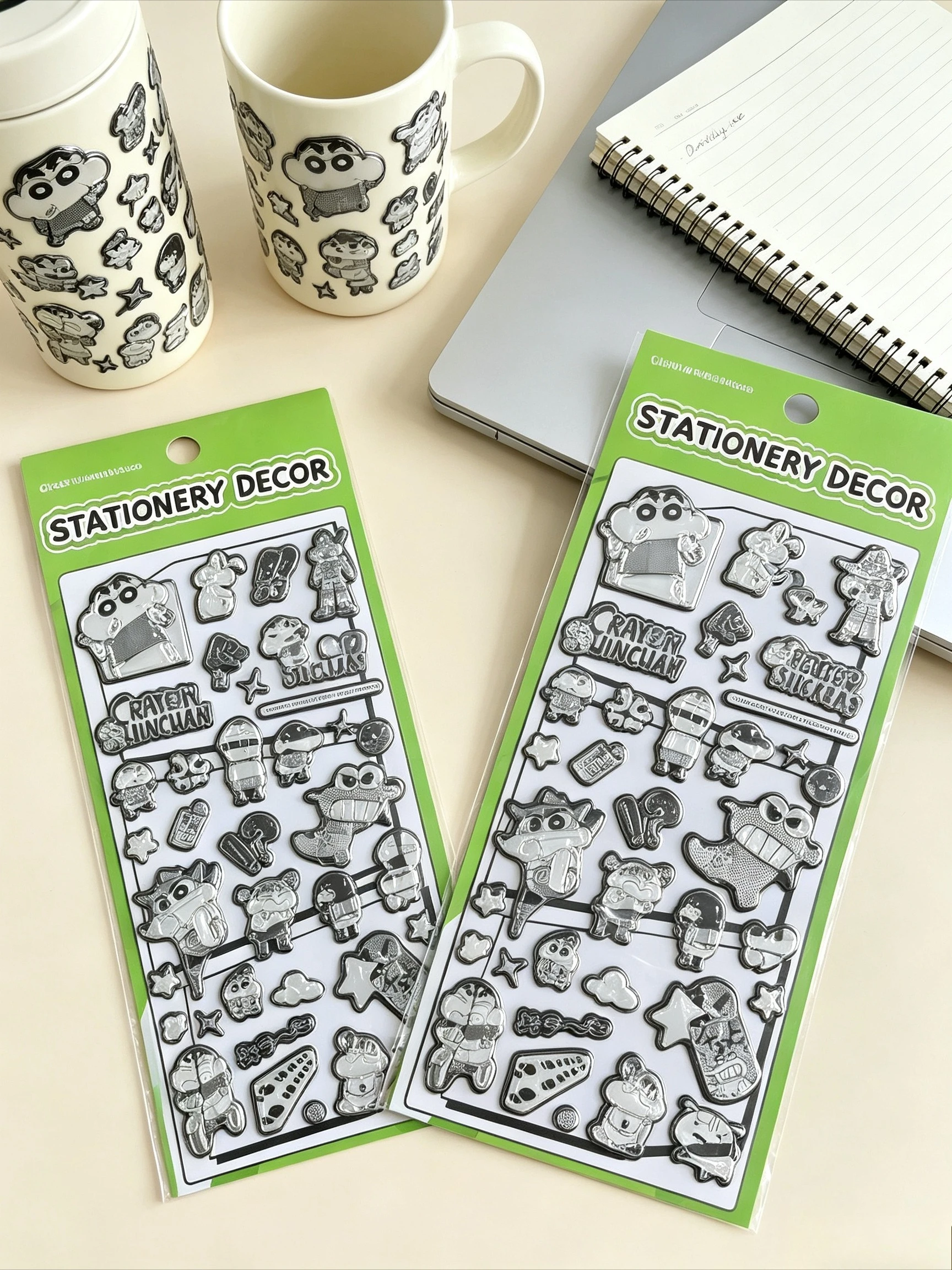 Black White Crayon Shin-chan 3D Raised Relief Stickers Cartoon Embossed Self-Adhesive Decals for Kids Scrapbook Phone Decor Gift