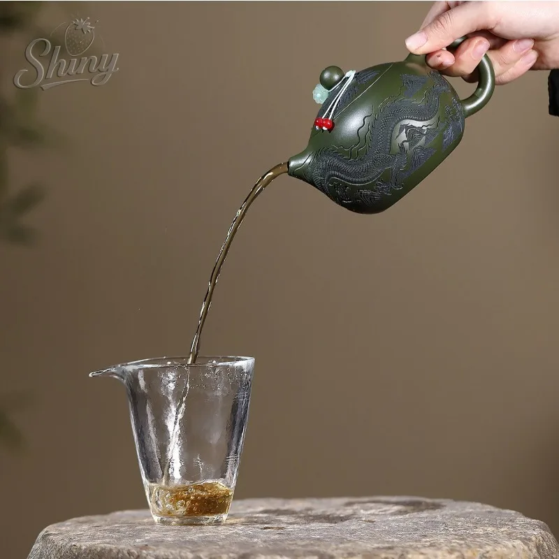 إبريق شاي من الطين الأرجواني من ييشينغ مصنوع يدويًا من الطين الأخضر الخام مع أنماط التنين إبريق شاي Xi Shi ذو سعة كبيرة #4