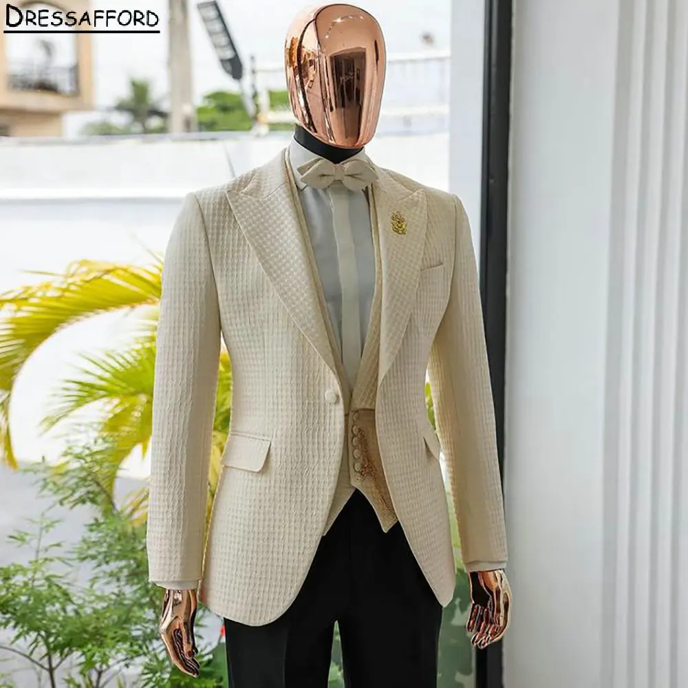 Trajes de hombre Beige para boda, esmoquin de novio Jacquard, chaqueta de 3 piezas, chaleco, pantalones, chaquetas de graduación personalizadas