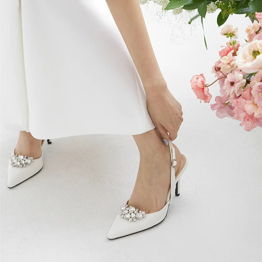 Nuovi sandali estivi da donna, tacchi Slim con testa, tacchi alti da damigella d\'onore a punta, scarpe da sposa da sposa in cristallo bianco alla