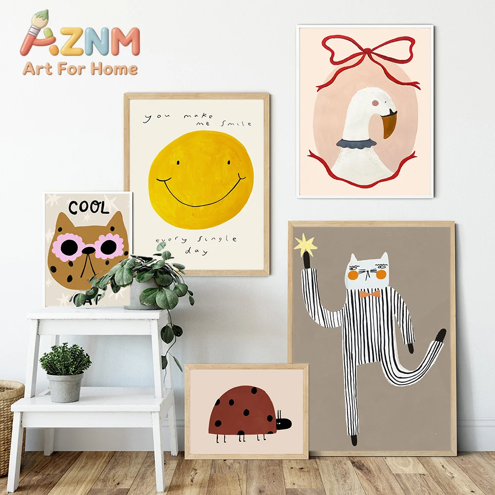 Cartoon Swan Ladybugs Bear Cat Wall Art Canvas Painting Nordic Animal Posters And Prints Wall Pictures Baby Kids Room Decor