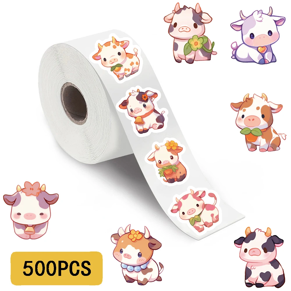 500PCS Kawaii Cartoon Cow Roll Stickers Cute Personalize Harajuku Laptop for Art Luggage Student Notebook Stationery Stickers