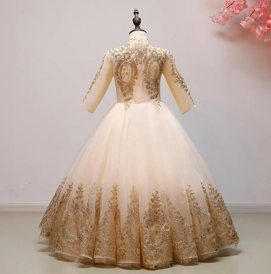 Elegant Girl Dresses Gold Sequin Lace Prom Princess Formal Dress Long Sleeve Flower Girl Dress Pageant Party Wedding Ball Gown