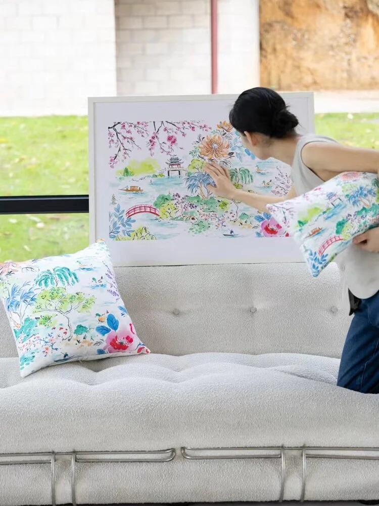 

Подушка Rinoart Silk Feel Satin Barest Cuion, мягкая декоративная подушка для дома, с вышивкой в стиле кино, дизайн «Весна в регионе Цзяннань»