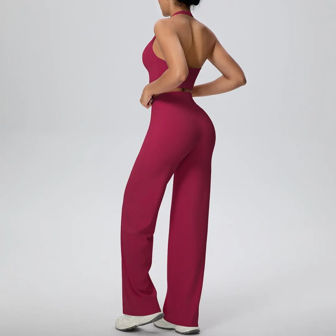 

Backless Brushed Halter Yoga Outfit Sports Fitness High-Waisted Wide-Leg Pants Set Running Workout Clothes Gym Yoga Suit