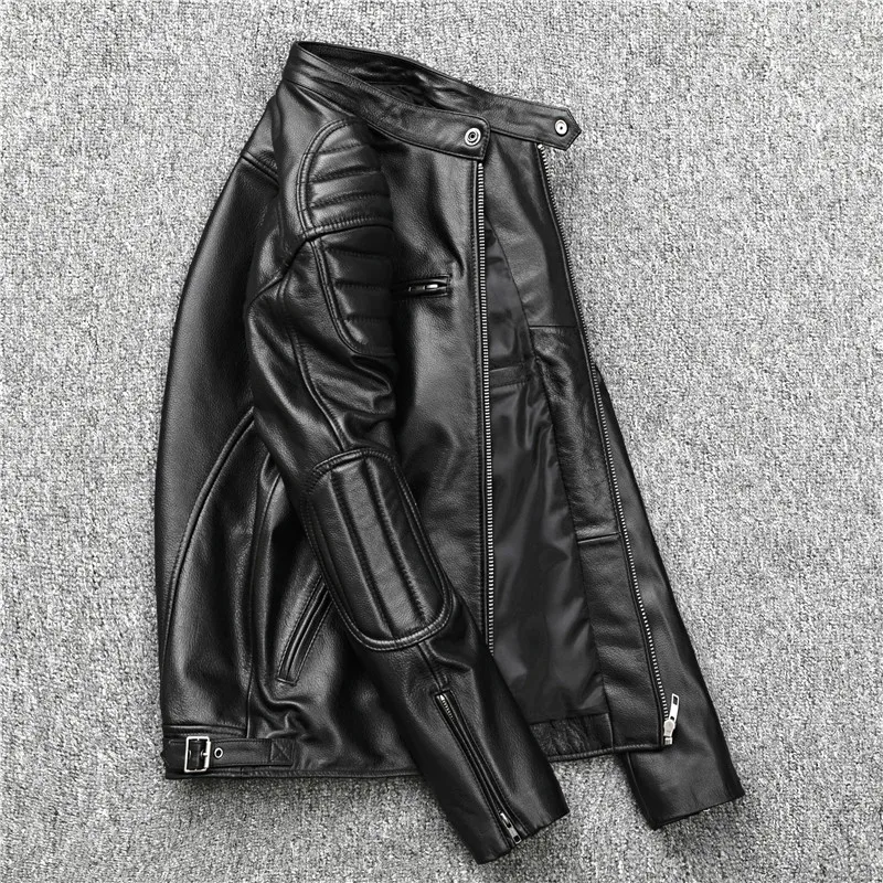 Genuine Leather Jacket For Men's Motorcycle Wear Standing Collar Youth Spring Autumn Black Vintage Real Cow Leather Jacket Man