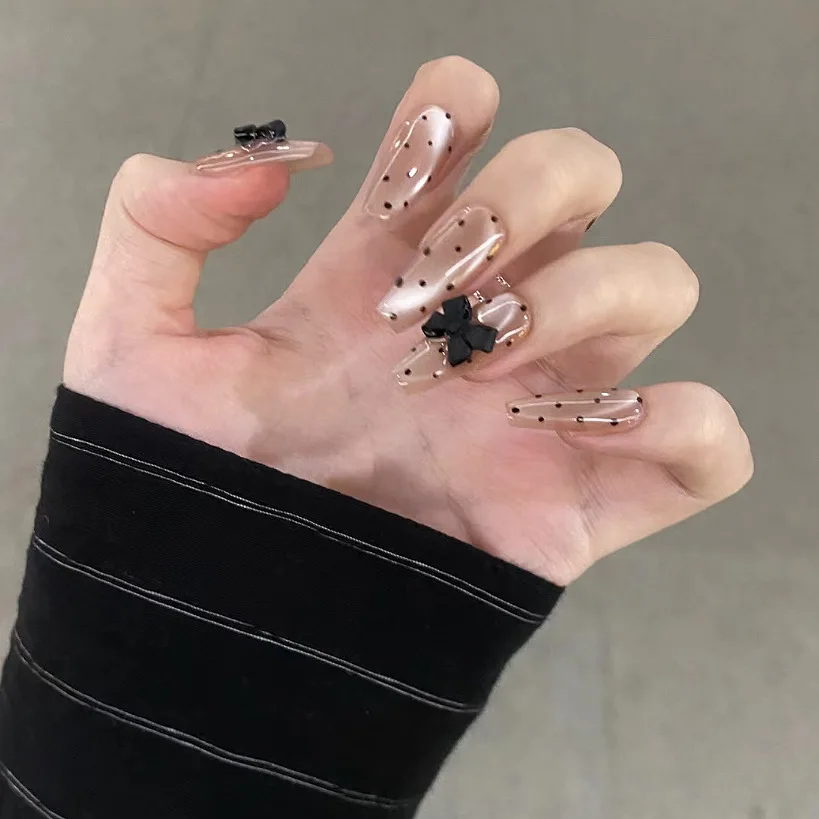 

10PCS Elegant Press on Nails Set with Retro Polka Dots Design Full Cover Fake Nails Tips Long 3D Balck Bow Wearable Nails Art