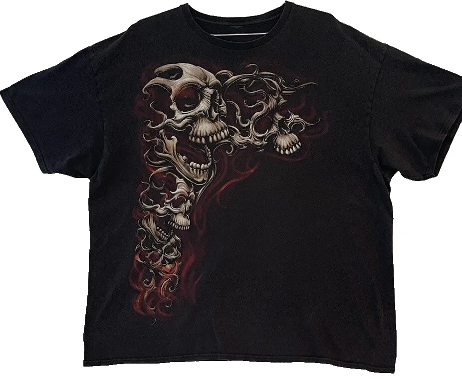 Skull, Smoke Flames Tribal Gothic Drainer Skater Y2K Vintage 2XL T-Shirt Punk