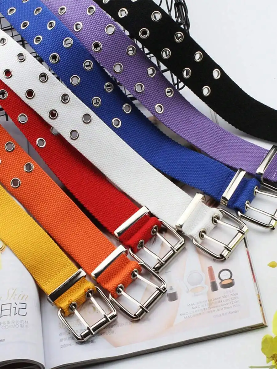 1pc Fashionable Double Holes Canvas Leather Belt Casual Jeans Belt, Extended Length, Unisex, Street Style, Suitable For Youth