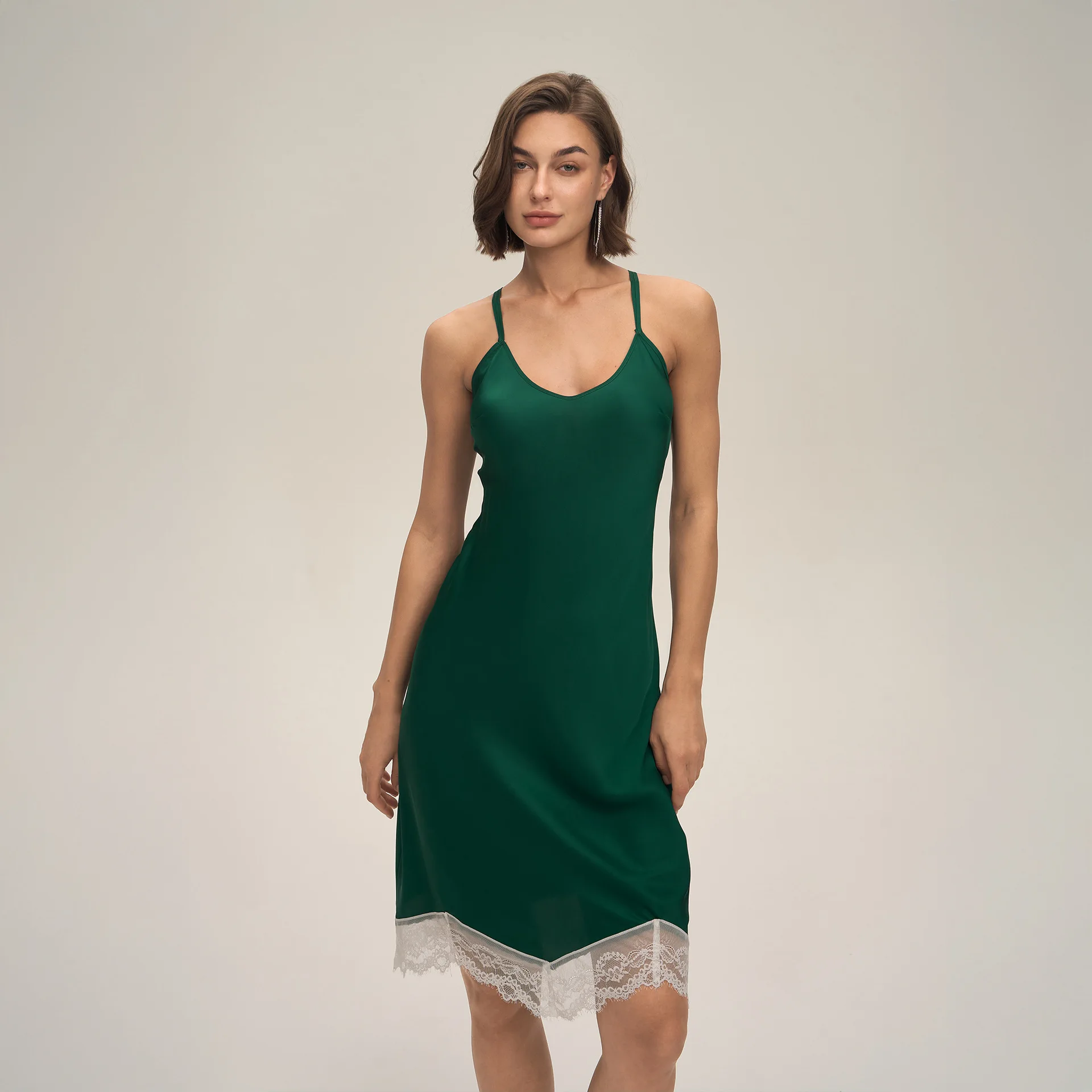 Elegant Pure - Color Satin Long Homewear Dress: Exquisite White Lace Patchwork, Sexy Open - Back Suspender Nightgown for Women