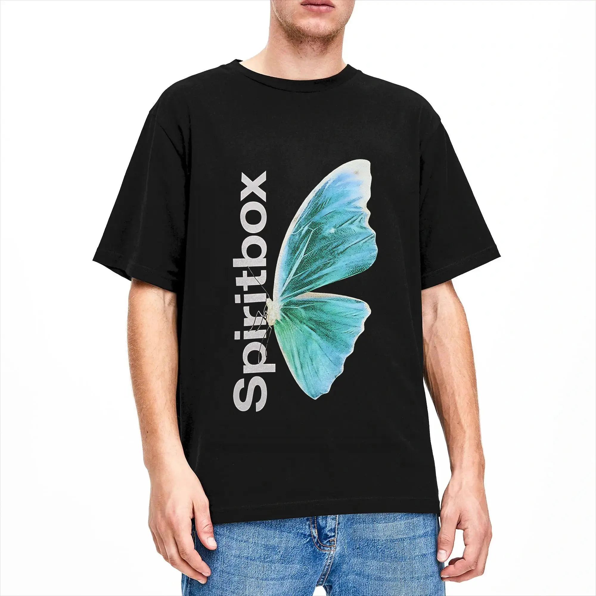 Spiritbox Turquoise Butterfly Vertical Text Art T Shirt Men 100% Cotton Casual T-Shirts Round Collar  Tees Short Sleeve Clothing