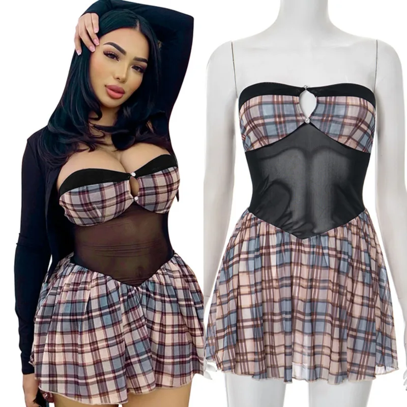 

Vintage Plaid Off Shoulder Mesh Patchwork Dress Women Backless Pleated Mini Skirt High Waist Slim Fit A-line Summer Y2K Outfit