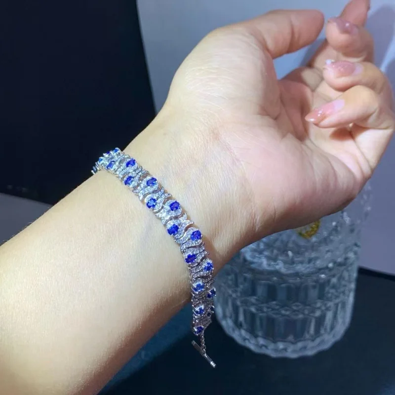 New S925 Silver Platinum Plated Inlaid Natural Sapphire Bracelet 3x4mm Women