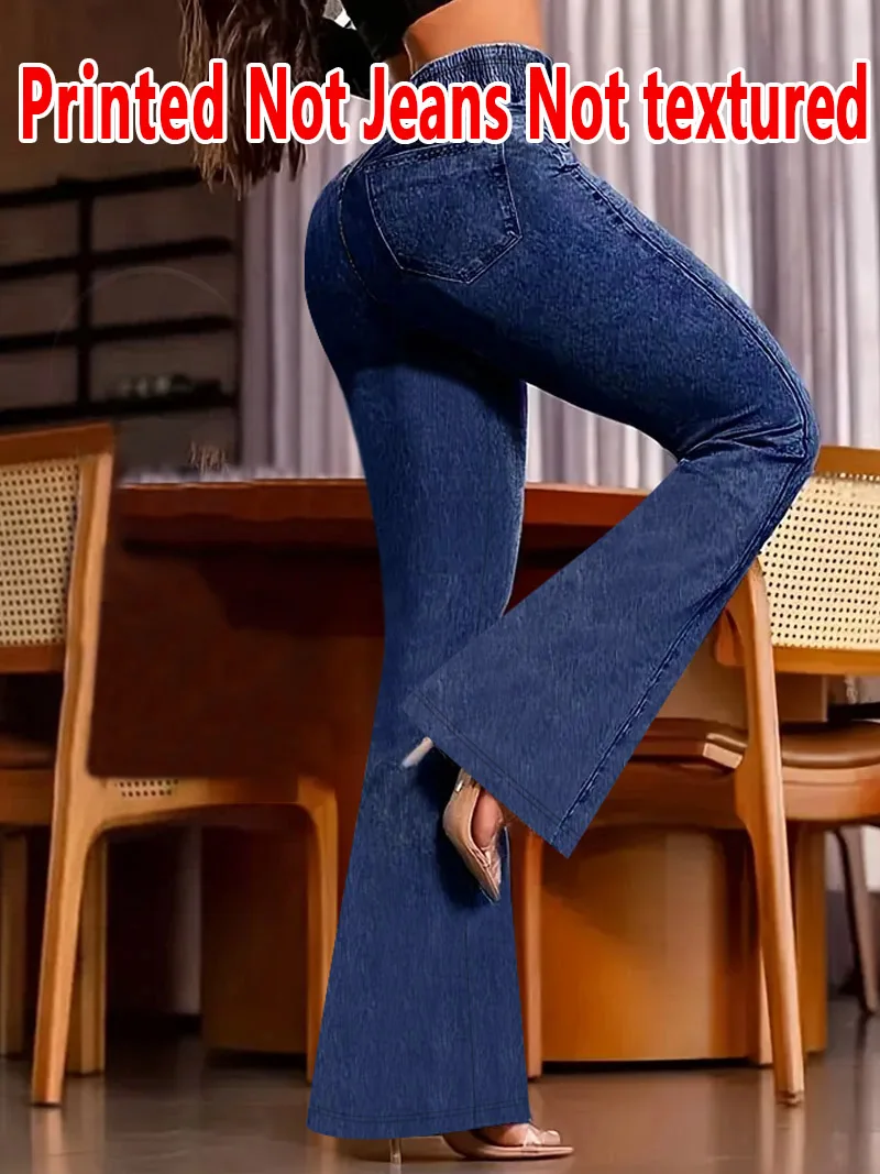 8160 [Printed Pants - Not Faux Denim Fabric]2D Printed Faux Effect, Printed Flared Trousers - Non-Faux Denim Fabric,