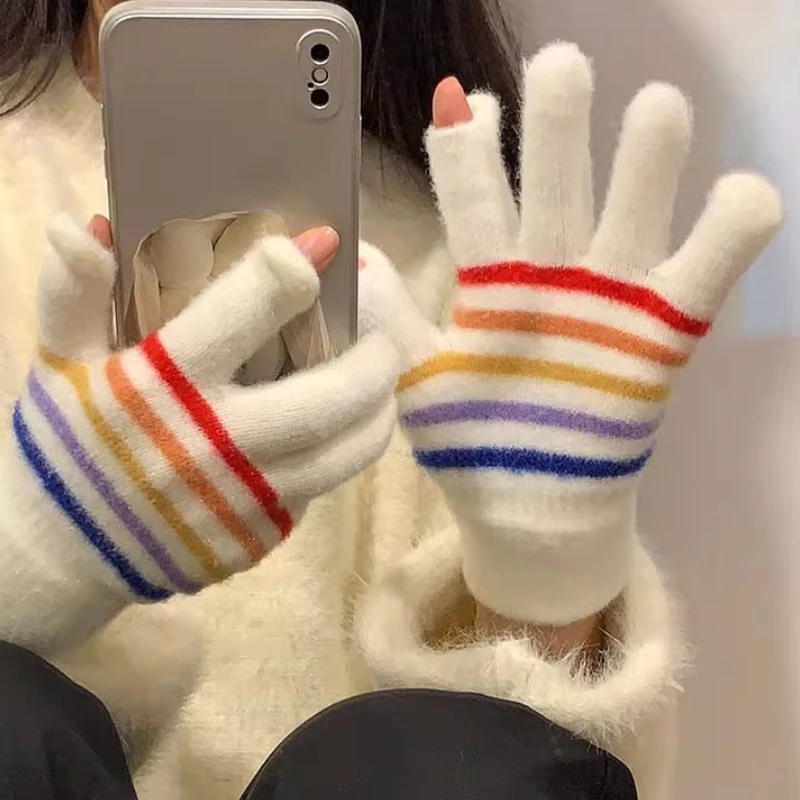 2024 New Cute Rainbow Striped Knit Gloves Winter Warm with Small Openings on Fingers Touchscreen Gloves Unisex Students Gloves