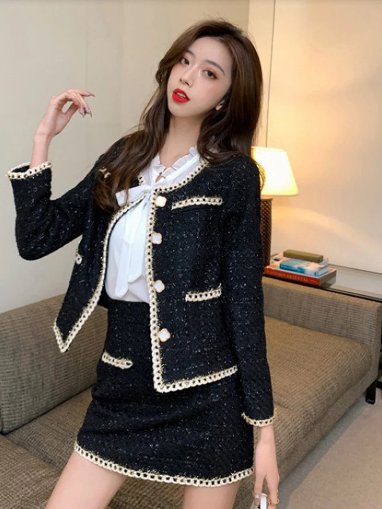 New Fashion Spring Ladies Black Tweed Vintage 2 Pieces Outfit Women Short Coat Tops Jacket Outwear And Mini Skirt Mujer Slim Set