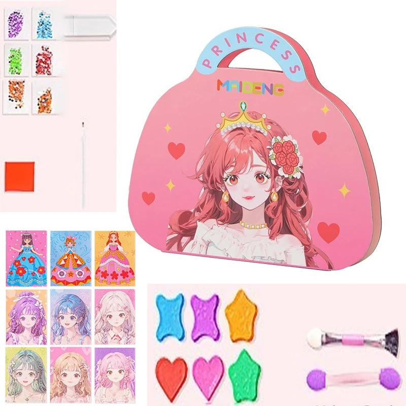 DIY Paper Art Craft Kits-3 in 1 Princess Makeup Kit with Diamond Painting Kits and Princess Dress Up Sticker Book Gifts for Girl