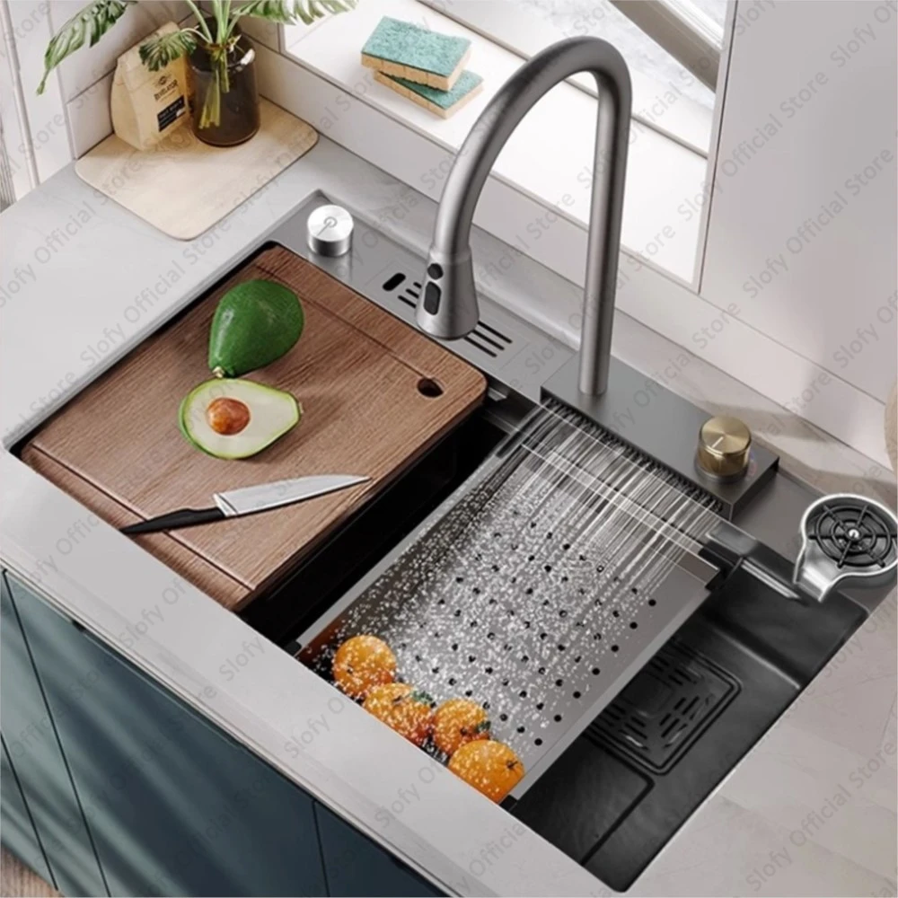 Multifunctional Kitchen Sink Thickened Handmade Large Vegetable Stainless Basin Waterfall Faucet Wash/Cut/Drain in One Full Set