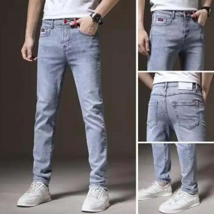 

Spring Summer New Sle Slim Fit Jeans for Men Youth Faion Elastic Casual Pants mid Waist Polyester Cotton Blend