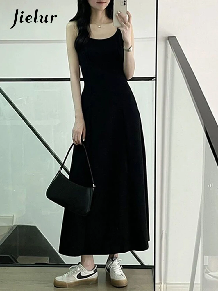 

Jielur Pure Color Spaghetti Strap Women's Dresses French Style Black Sleeveless Fashion Female Maxi Dress Summer Office Ladies