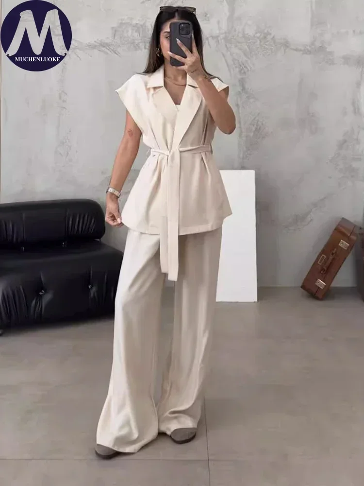 

Sleeveless Lace Up Tops Suits for Women Casual Outfit Fashionable Loose High Waisted Wide Leg Pant Set Summer New 2 Pcs 2024