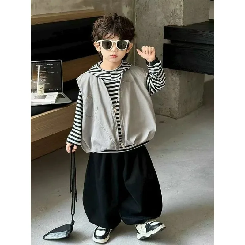Korean Style Boys' Three-Piece Set Simple Base Layer Vest Long Pants Cool And Handsome Spring Autumn New Arrival for Kids 2
