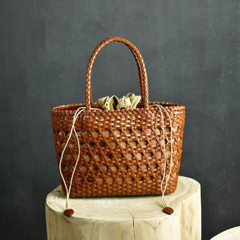 

2023 Women's Genuine Leather Woven Shoulder Bag with Inner Weaving Casual Shopping Vintage Tote Purse