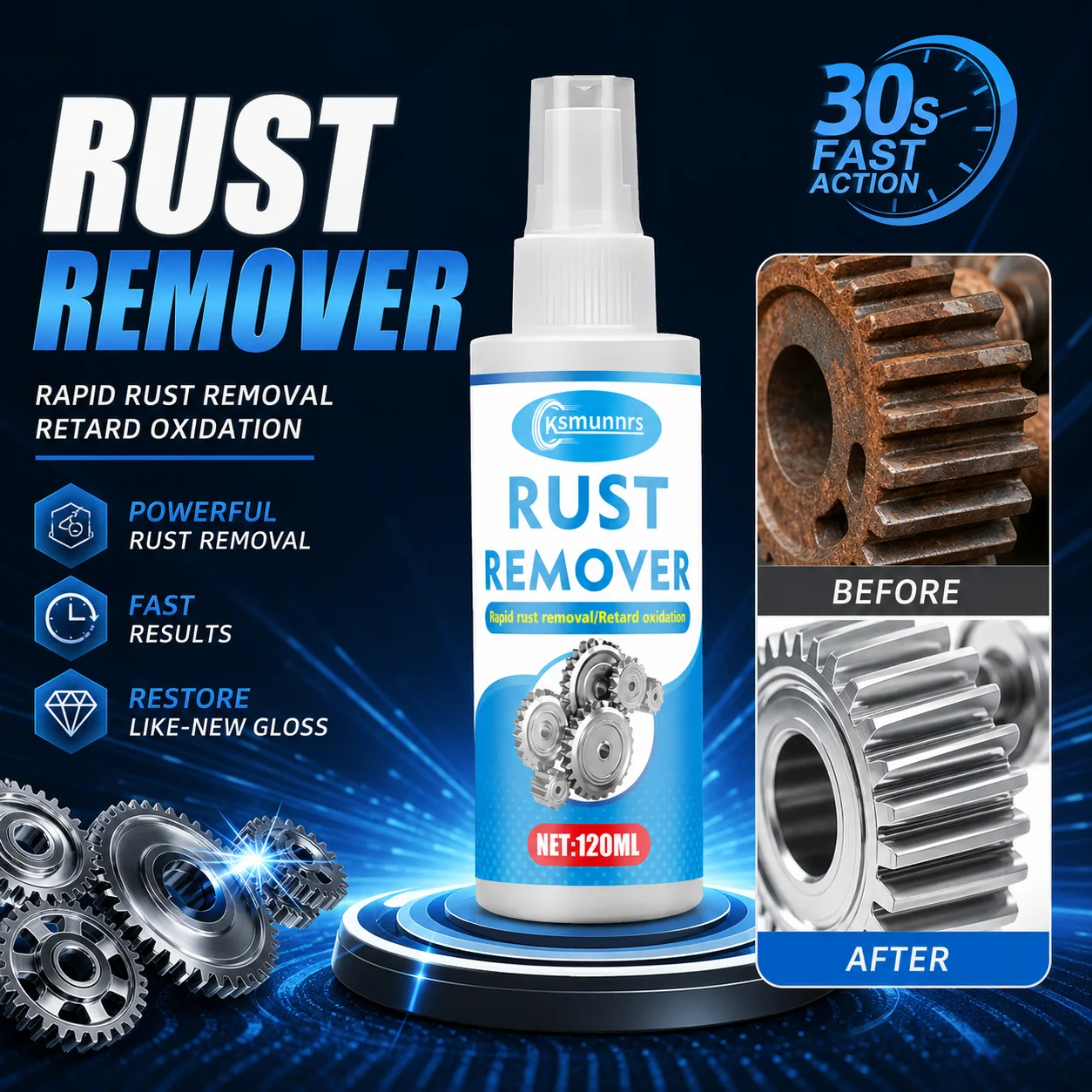 120ml Rust Remover Spray, Rapid Rust Removal, Retard Oxidation, Restore Shine for Gears, Auto Metal Parts