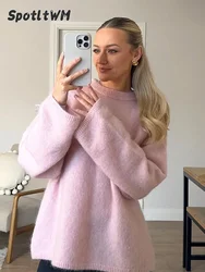 Sweet Pink Women Mohair Sweater Casual Loose O-neck Long Sleeve Knitted Pullover 2024 Autumn Female Warm Street Basic Jumper