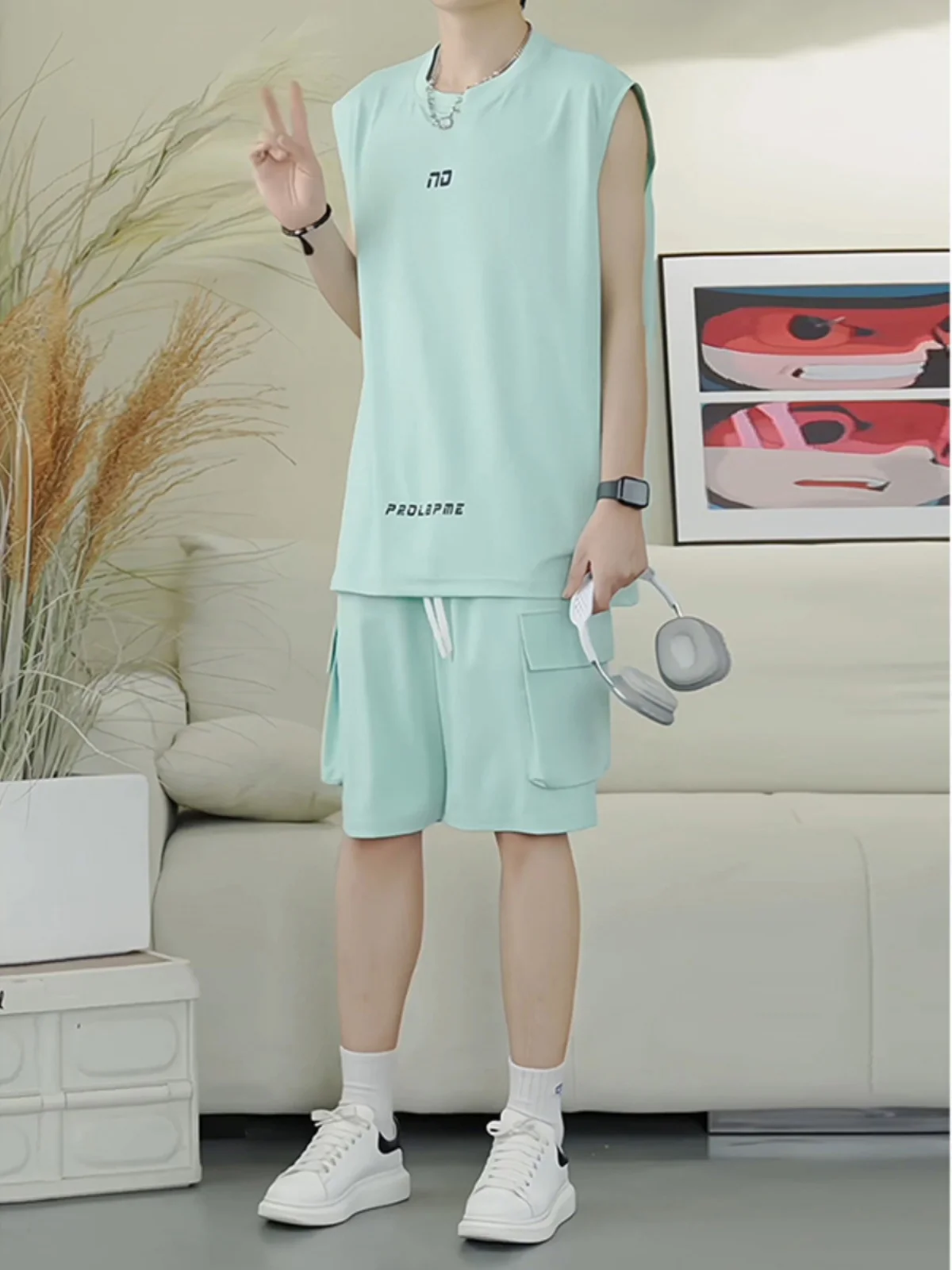 

Mint Wave Men's Summer Sports Suit ort Sve Tank Top And Baskeall orts Polyester Fiber Youthful Sle Casual Wear