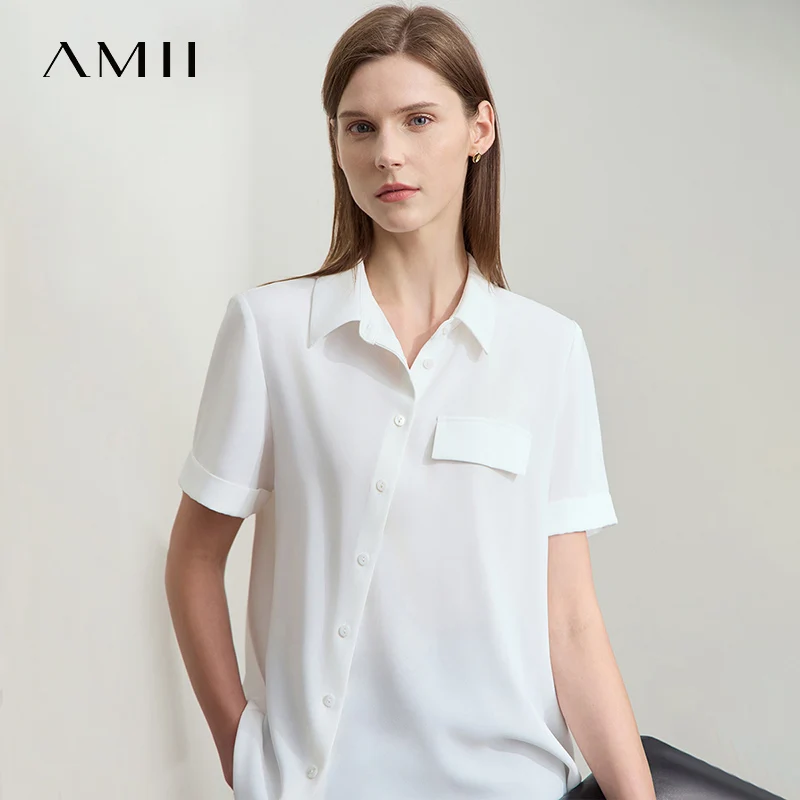 AMII Minimalistische Office Lady Blouses Dames 2025, Effen Korte Mouw Zomer Asymmetrische Turn-down Kraag Chiffon Shirts 12542219