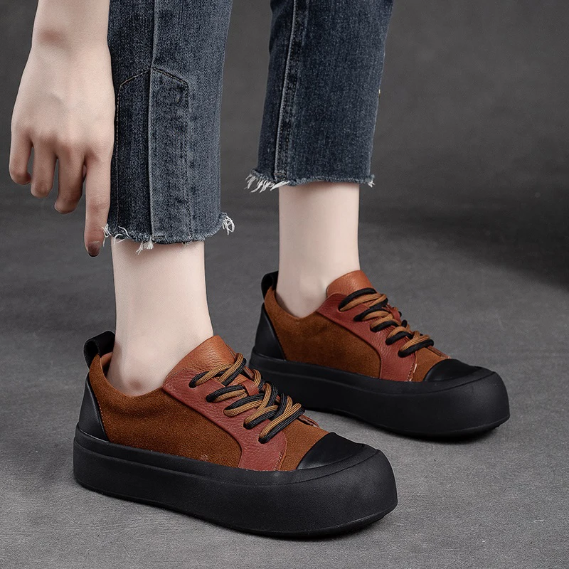 DRKANOL Fashion Women Casual Sneakers Spring Lace-Up Mixed Colors Genuine Leather Flat Platform Shoes Comfort Retro Board Shoes