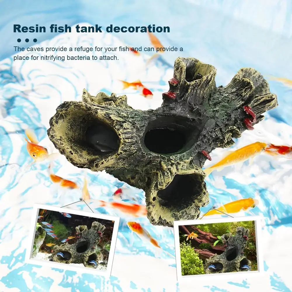 2024 Artificial Aquarium Hollow Tree Non-toxic Multifunction Escape Hole Resin Dead Wood