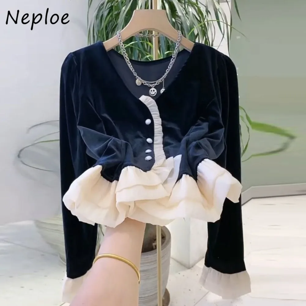 Neploe Gentle Unique Celebrity Velvet French Shirt Ruffles Court Korea Sweet Short All-match Blouses Slim Small Fragrance Tops