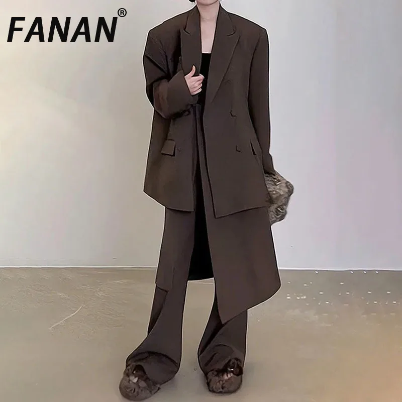 

FANAN Irregular 2 Piece Set Women's Solid Double Breasted Loose Blazers+high Waist Straight Pants Fashion Suits 2025 Spring New