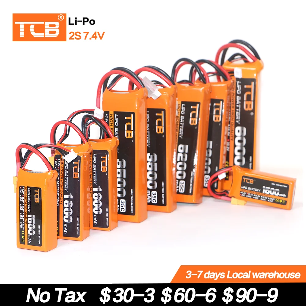 TCB 7.4V Battery 2S 1300 2200 2600 3800 5000mAh 25C 35C 60C RC Toy LiPo Battery 2S For RC Airplane Quadrotor Boat Aircraft Car