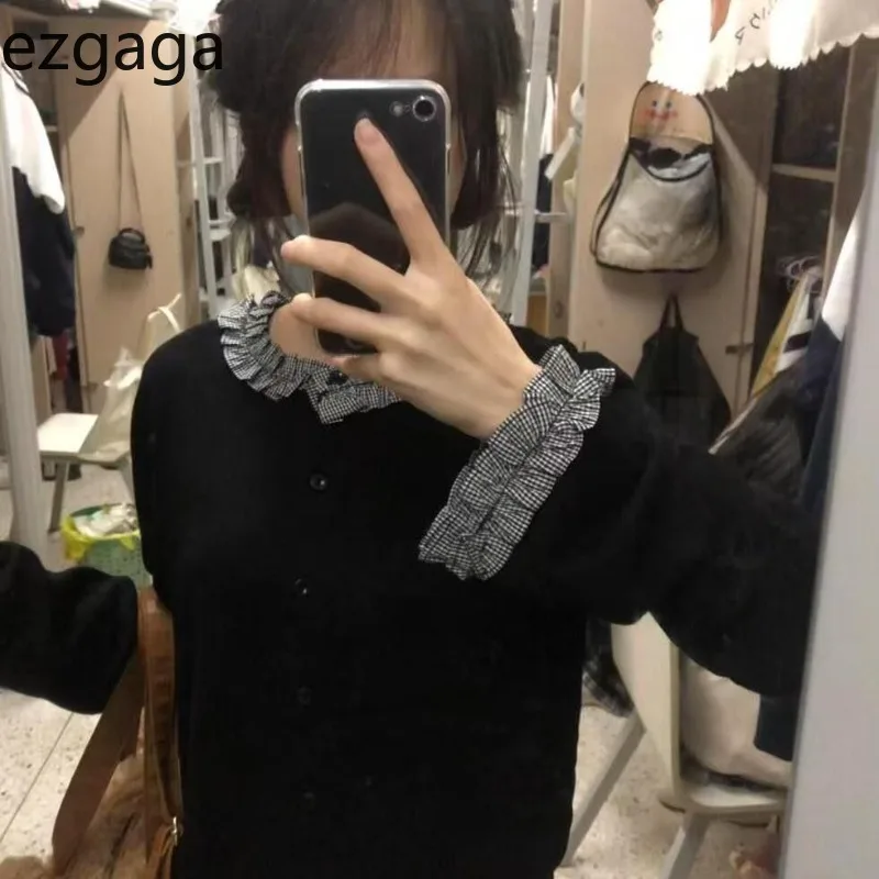 

Ezgaga вязаный кардиган женский консервативный стиль лоскутные оборки осень зима милый элегантный укороченный свитер женские повседневные топы